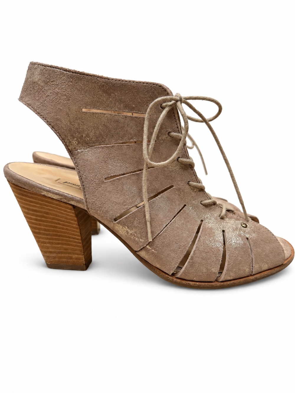 Paul Green Cosmo Blush Metallic Leather Peep Toe Lace Up Block Heel Sandals US 8